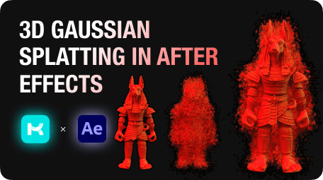 Gaussian Splatting in After Effects using the KIRI Engine plugin, showing a 3D character transforming from a solid scan into a particle-based splat effect.